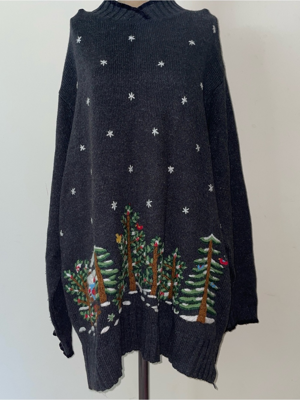 Women's Charcoal Embroidered Forest Turtleneck Sweater